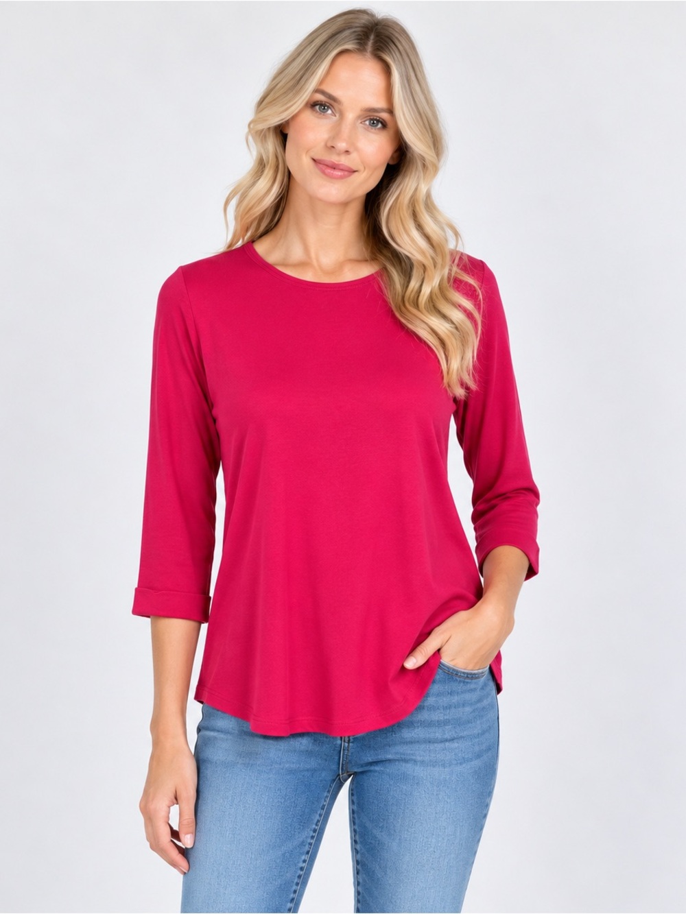 Bogner Coral Red Pink Knit Top 3/4 Sleeves Cotton Logo Womens Size US 18 EU 48